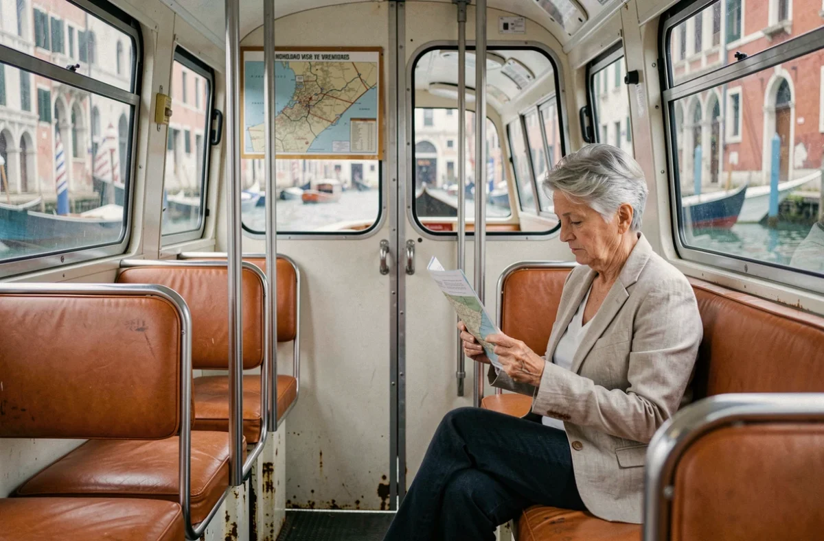 Intérieur authentique d'un vaporetto avec une passagère lisant une carte de Venise