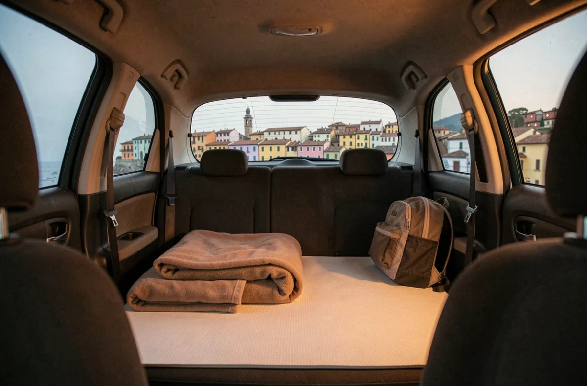 Intérieur d'une voiture aménagée pour dormir avec vue sur une ville côtière italienne au crépuscule