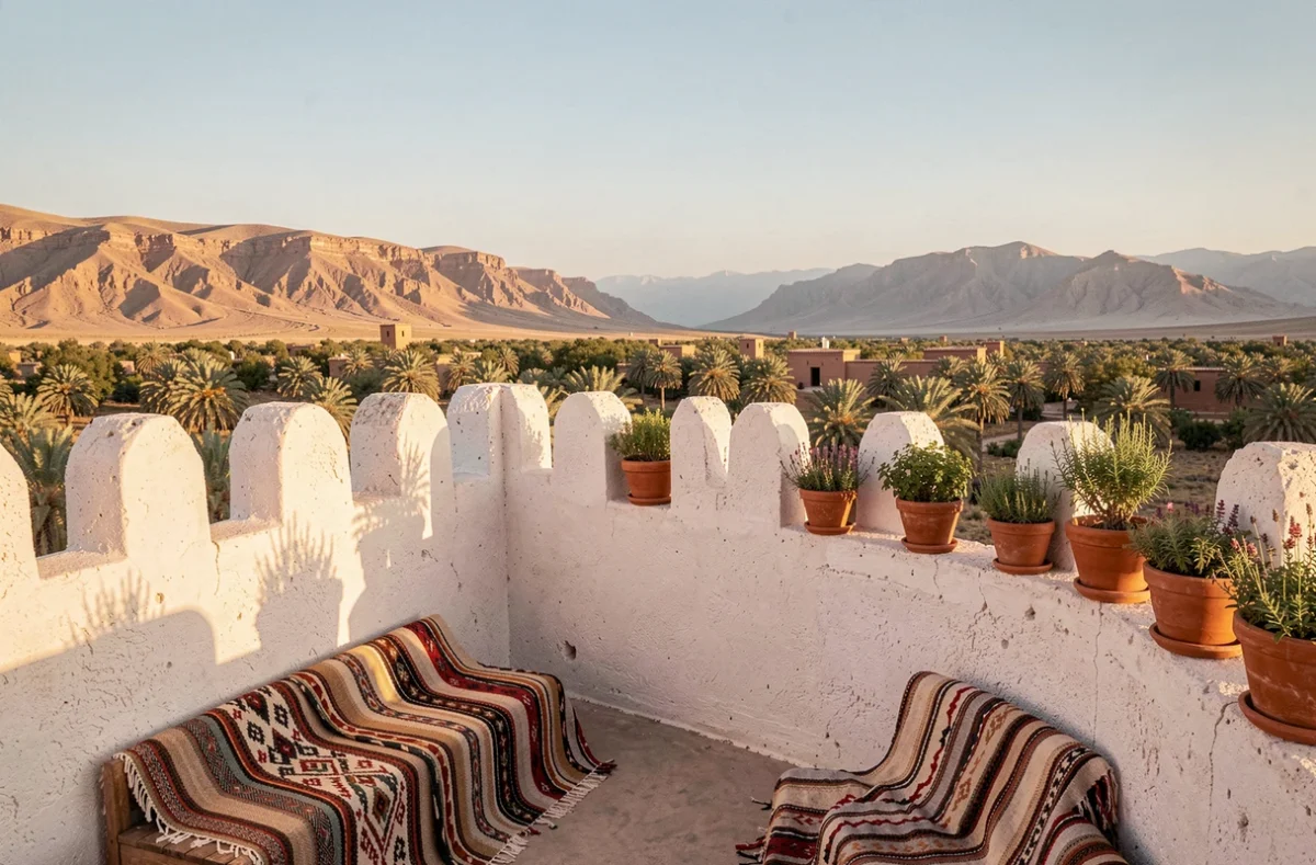 Terrasse d'une kasbah marocaine en pisé dans la vallée du Draa avec textiles berbères et vue sur la palmeraie