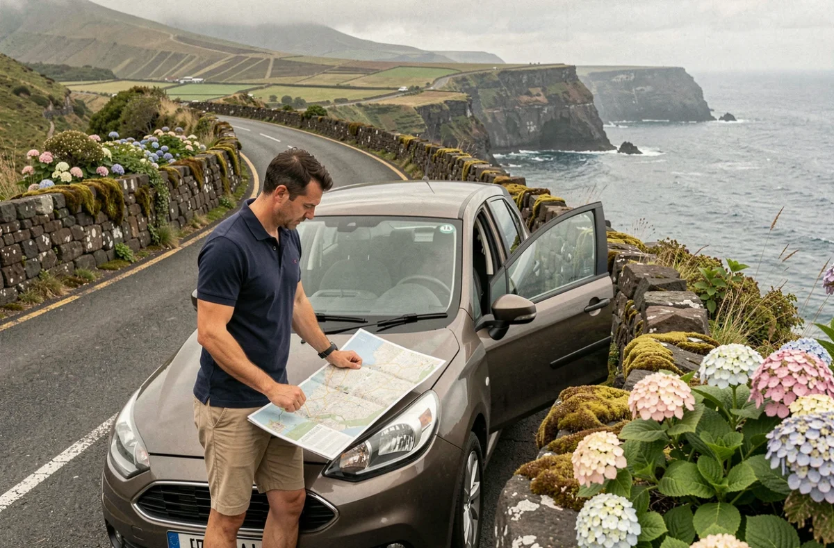Voyageur consultant une carte routière à côté d'une voiture de location sur une route côtière de Madère