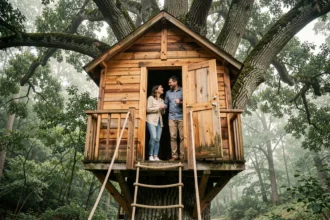 Couple découvrant un logement insolite dans une cabane perchée dans les arbres en forêt