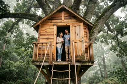 Couple découvrant un logement insolite dans une cabane perchée dans les arbres en forêt