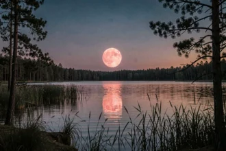 Pleine lune rose se levant à l'horizon au-dessus d'un lac calme avec reflet sur l'eau au crépuscule