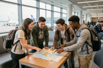 Groupe de lycéens avec sacs à dos autour d'une carte dans un aéroport, préparant un voyage EF Tours