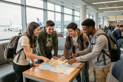 Groupe de lycéens avec sacs à dos autour d'une carte dans un aéroport, préparant un voyage EF Tours