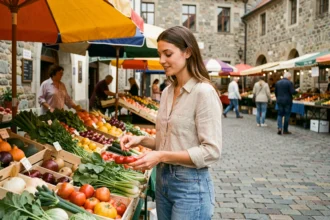 Femme faisant ses courses dans un marché local d'Europe de l'Est, illustrant le coût de la vie abordable dans les pays européens les moins chers