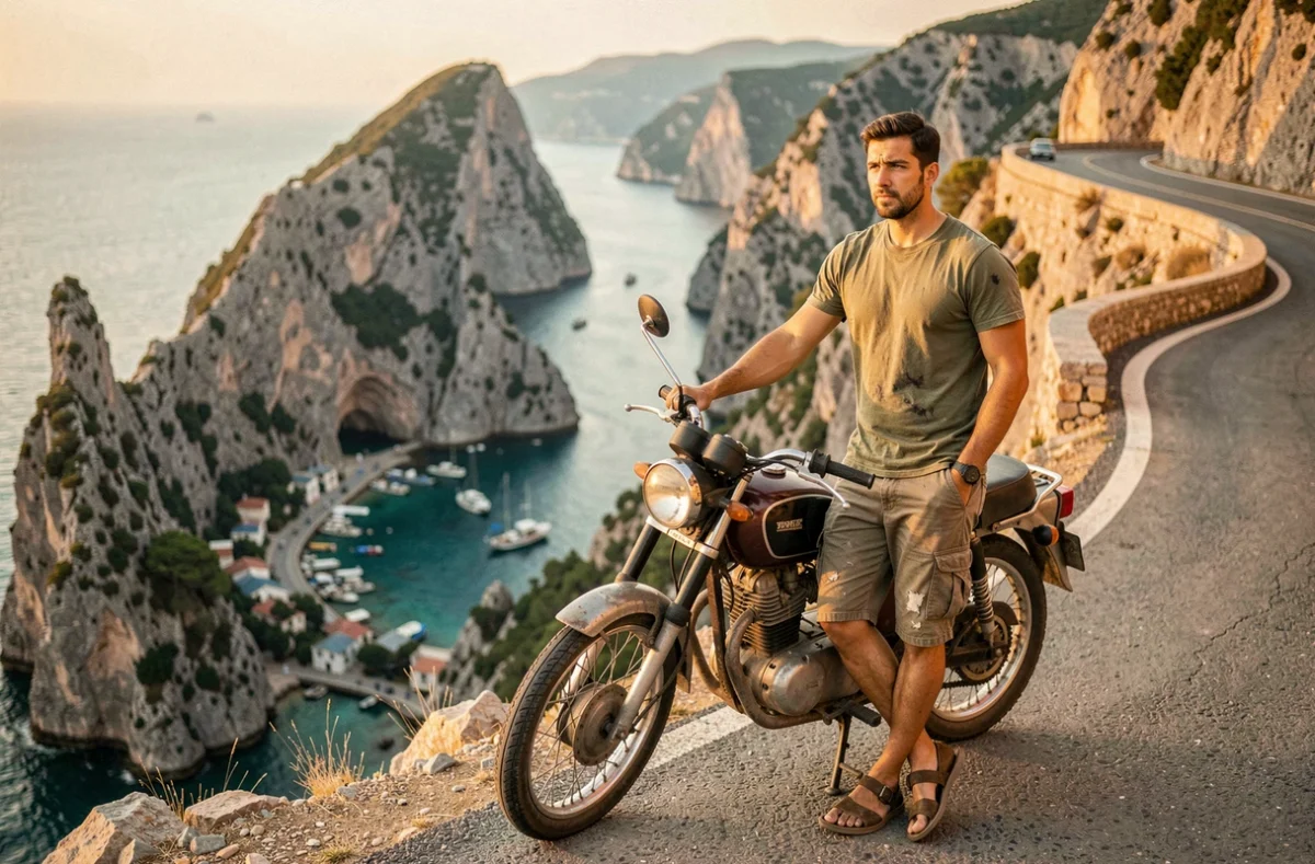 Homme appuyé sur une moto vintage sur une route côtière sinueuse en Asie, illustrant l'itinéraire d'un road trip moto en Asie