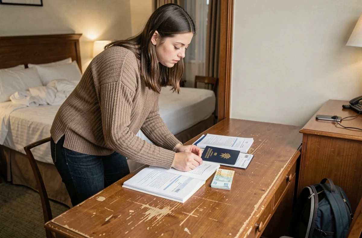 Jeune femme organisant son passeport et ses documents de voyage sur un bureau d'hôtel