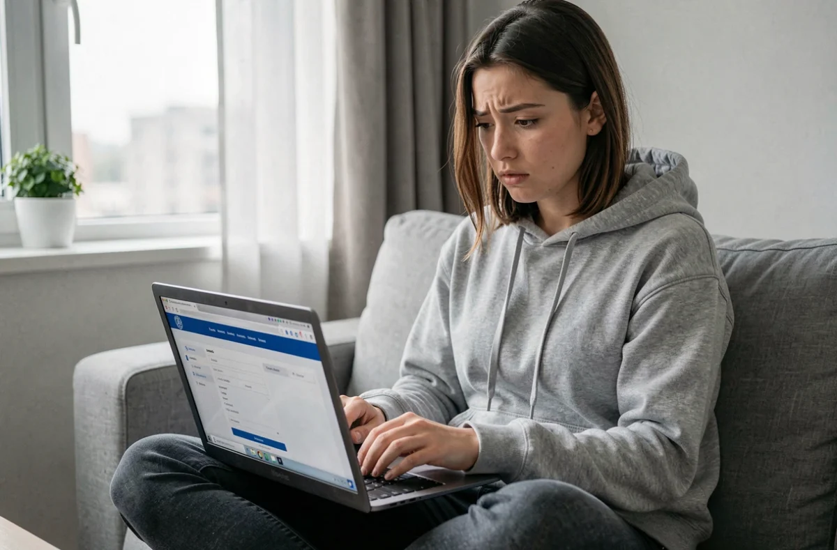 Jeune femme payant en ligne les frais de visa sur un site gouvernementiel depuis son salon