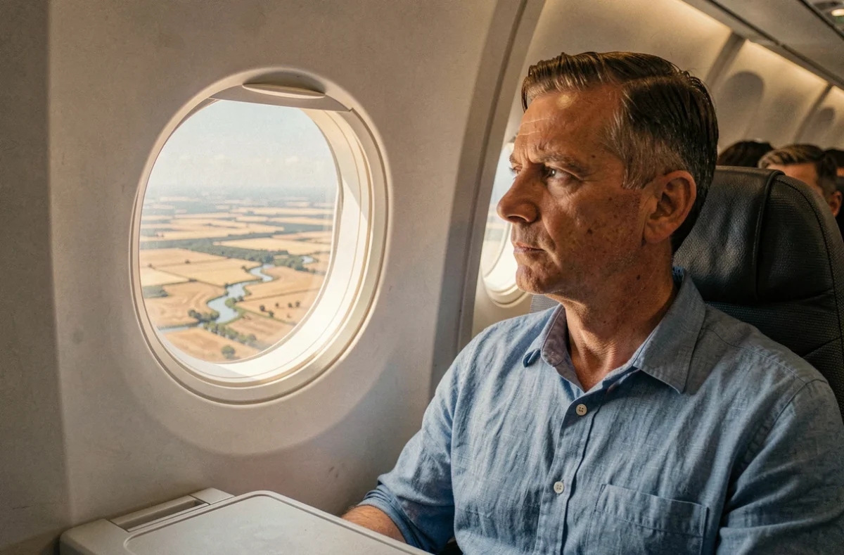 Passager masculin regardant par le hublot les paysages australiens lors d'un long vol intérieur