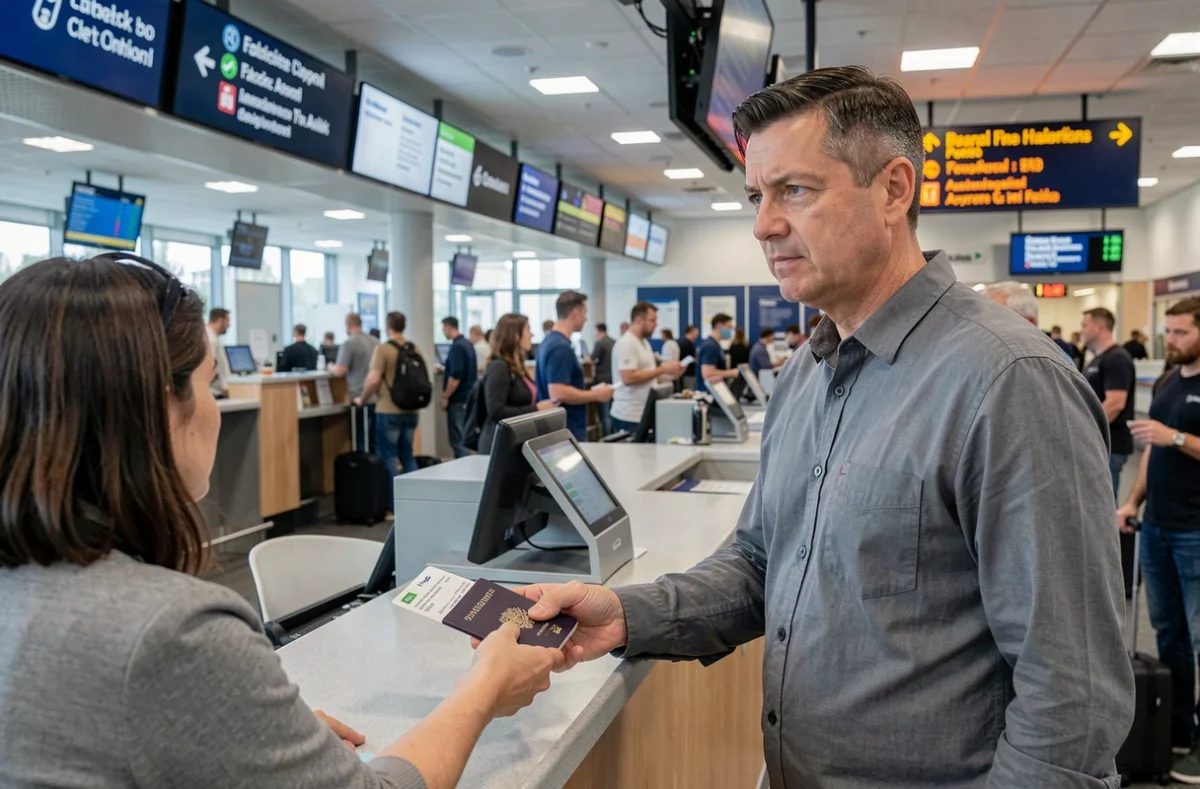 Homme présentant son passeport et sa carte d'embarquement au comptoir d'enregistrement d'un aéroport international