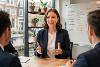 Jeune femme néerlandaise parlant anglais lors d'une réunion d'affaires à Amsterdam, illustrant la maîtrise de l'anglais aux Pays-Bas
