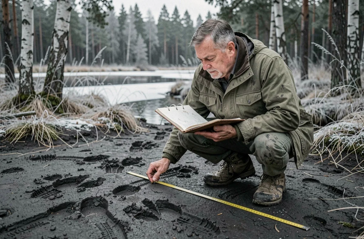Biologiste de terrain examinant des empreintes d'animaux sauvages dans la boue d'une rivière sibérienne au cœur de la taïga, illustrant la faune des pays les plus sauvages