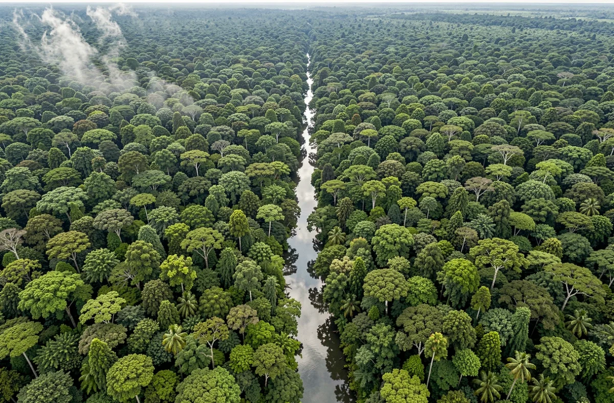 Vue aérienne de la forêt amazonienne vierge s'étendant à l'infini avec une rivière sinueuse, illustrant les territoires les plus sauvages et préservés de la planète