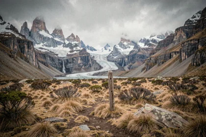 Paysage sauvage et vierge de Patagonie avec des montagnes granitiques enneigées et une vallée glaciaire dorée, symbole des régions les plus sauvages du monde