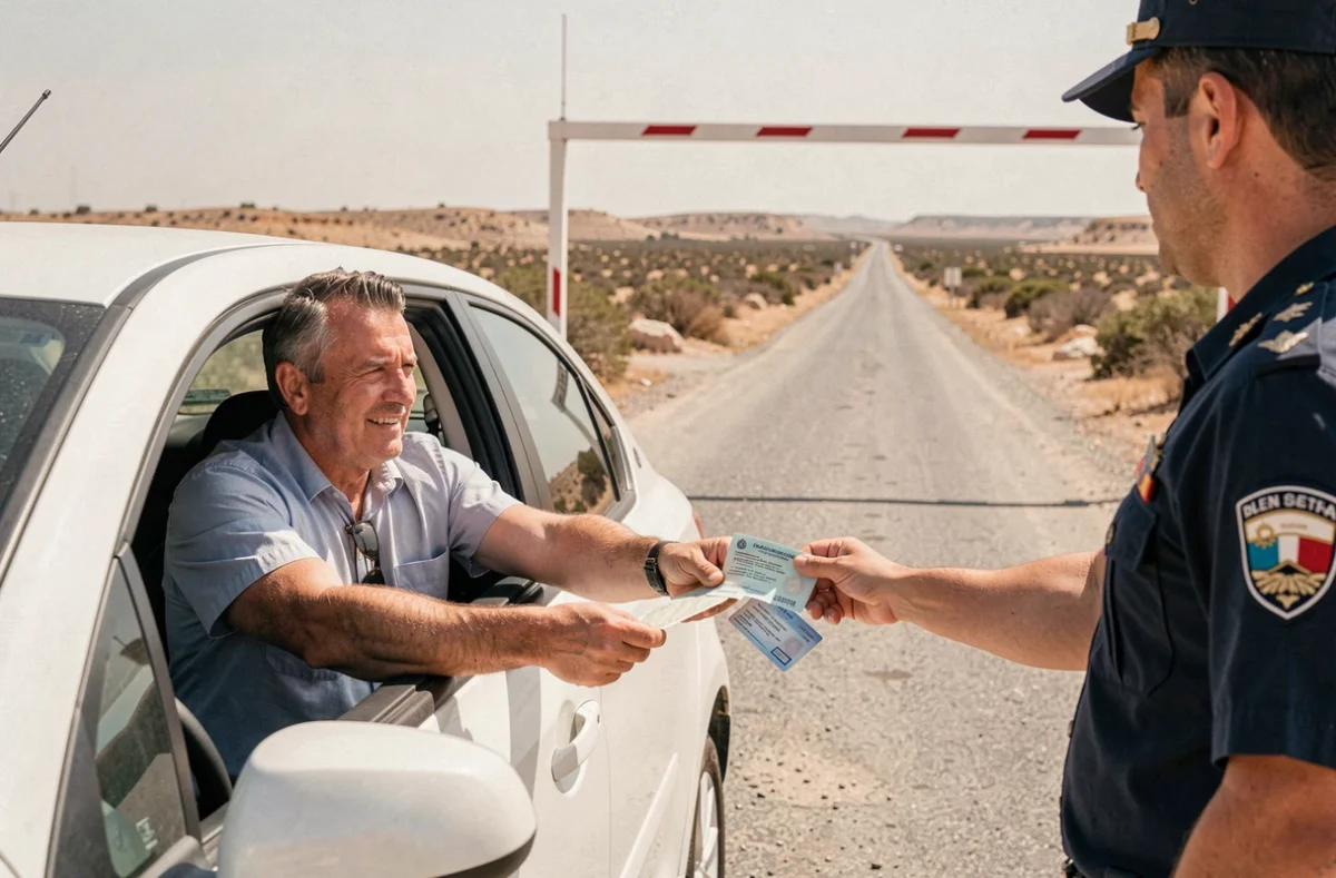 Automobiliste présentant un permis de conduire international à un agent de contrôle à un poste frontière routier