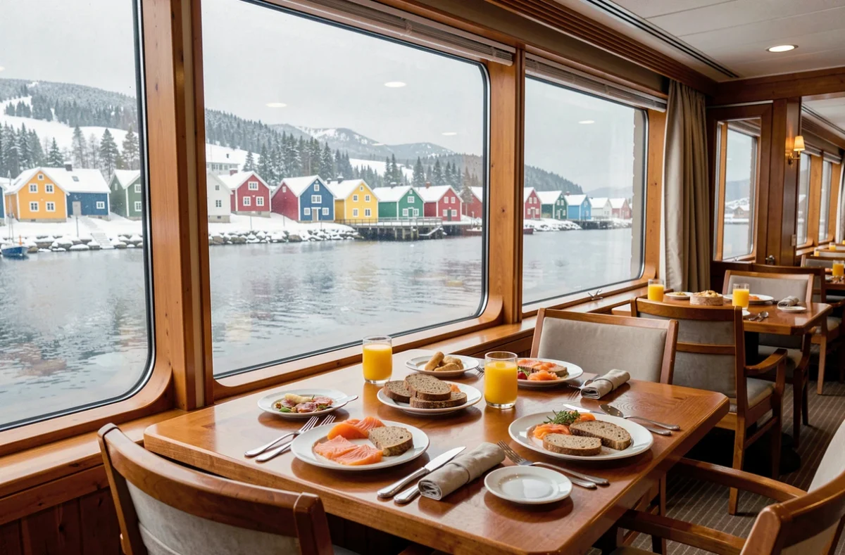 Petit-déjeuner scandinave servi dans la salle à manger d'un bateau de croisière avec vue sur un village norvégien enneigé