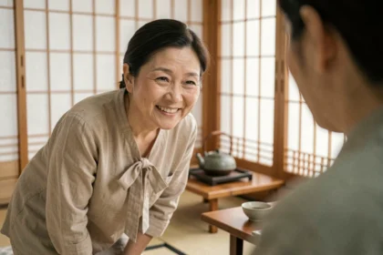 Femme japonaise souriante s'inclinant respectueusement dans une maison de thé traditionnelle, illustrant la gentillesse culturelle