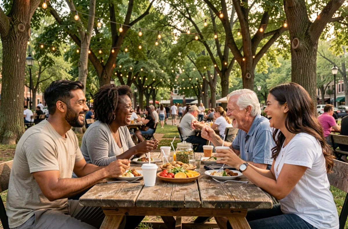 Groupe multiculturel de personnes partageant un repas convivial en plein air dans un parc urbain, symbolisant la gentillesse entre les peuples