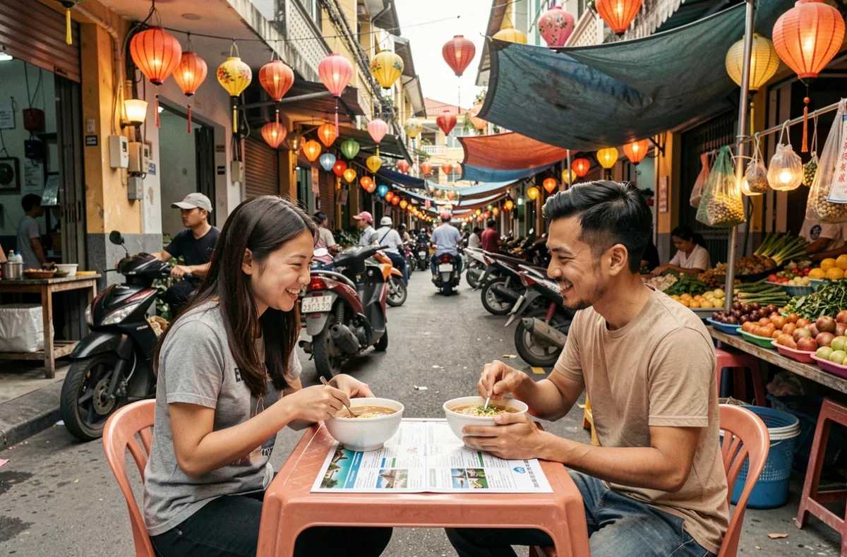 Deux voyageurs planifiant leur itinéraire de road trip devant un stand de street food dans une rue animée d'Asie du Sud-Est