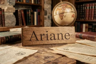 Plaque de bois gravée avec le prénom Ariane posée sur un bureau ancien entouré de livres de mythologie grecque