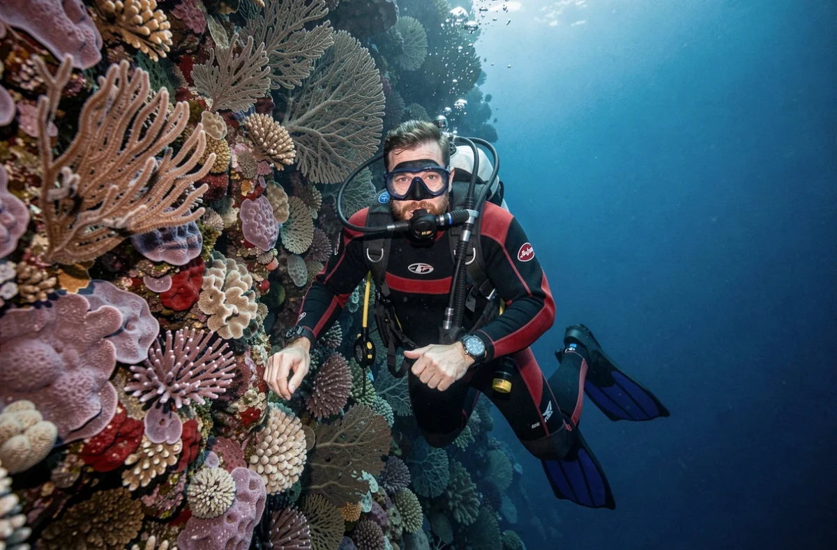 Plongeur masculin descendant le long d'un tombant corallien profond dans la Grande Barrière de corail australienne