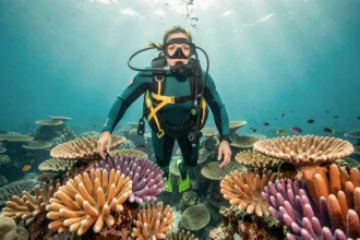 Plongeuse professionnelle en combinaison de plongée flottant au-dessus d'un récif corallien coloré de la Grande Barrière de corail