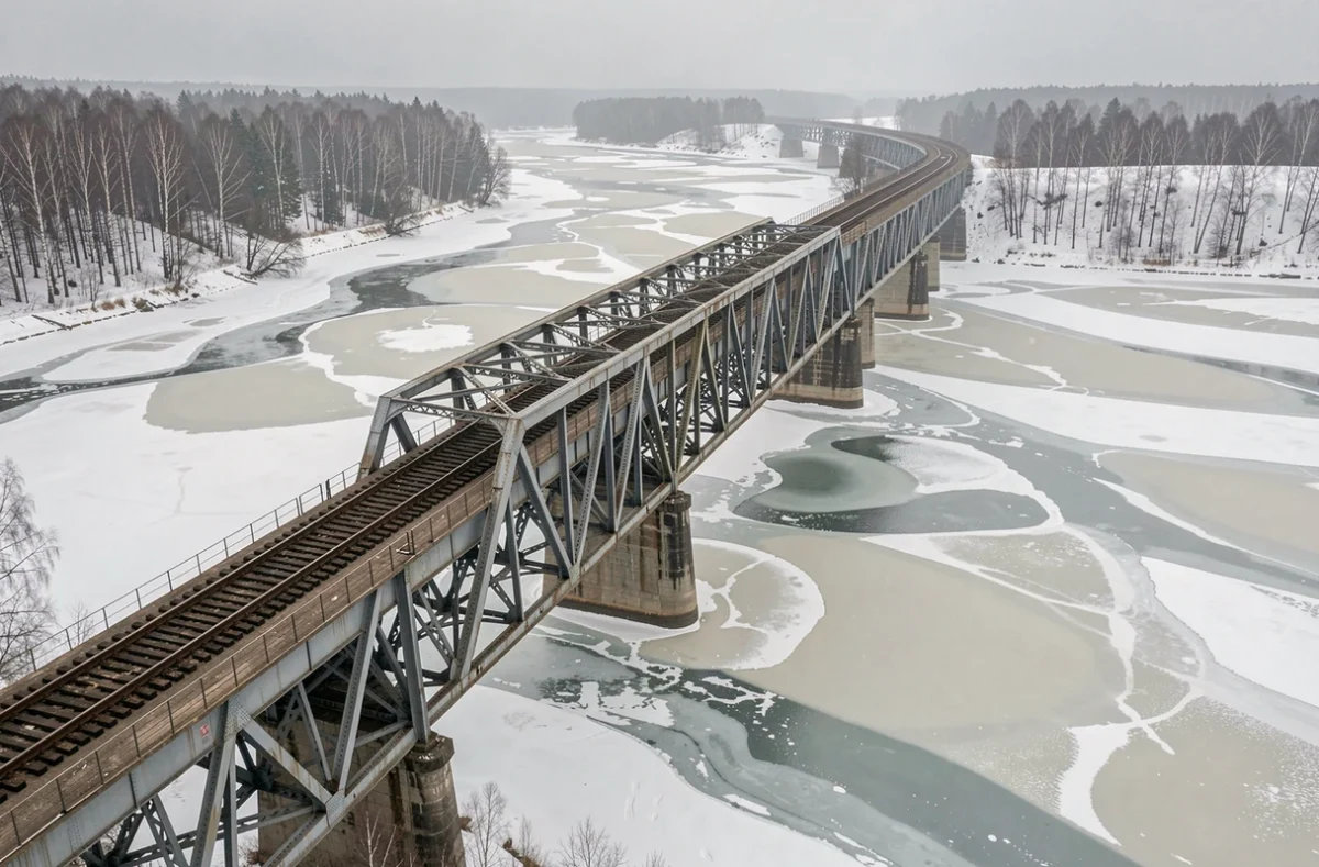 Pont ferroviaire du Transsibérien enjambant un fleuve gelé en Sibérie en hiver