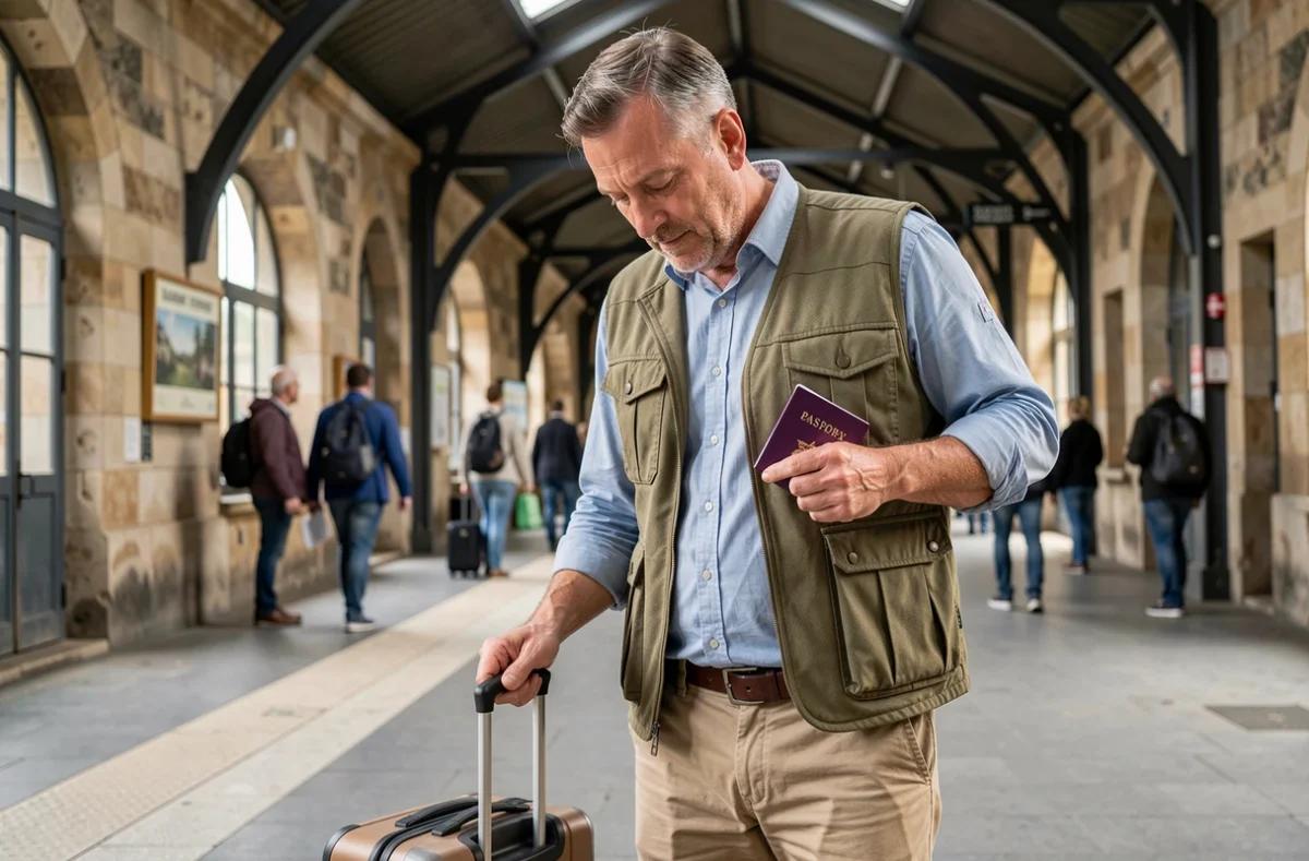 Homme rangeant son passeport dans une poche sécurisée de gilet de voyage en gare