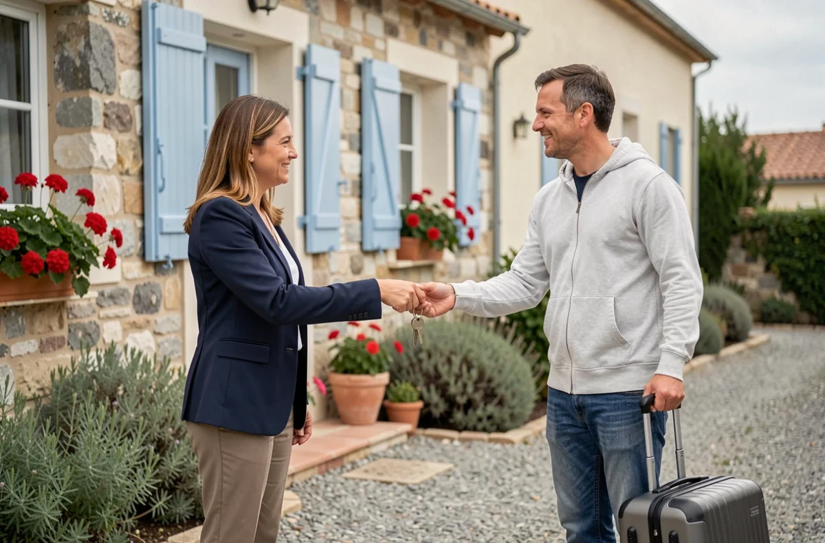 Propriétaire remettant les clés d'une location saisonnière à un locataire à son arrivée