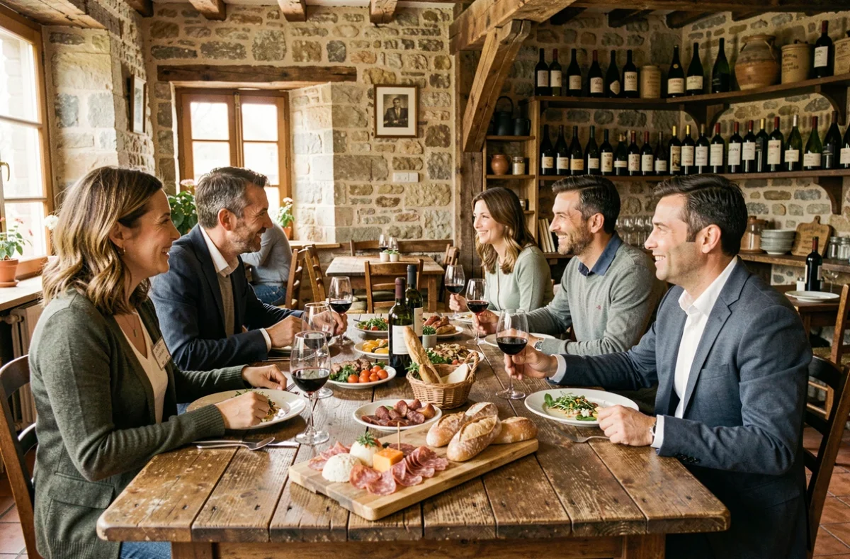 Groupe d'amis partageant un repas gastronomique convivial dans un bistrot rustique de campagne française