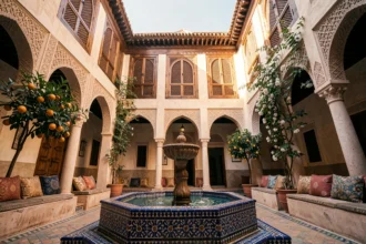 Cour intérieure d'un riad marocain traditionnel avec fontaine centrale en zellige et arcades en stuc sculpté à Marrakech
