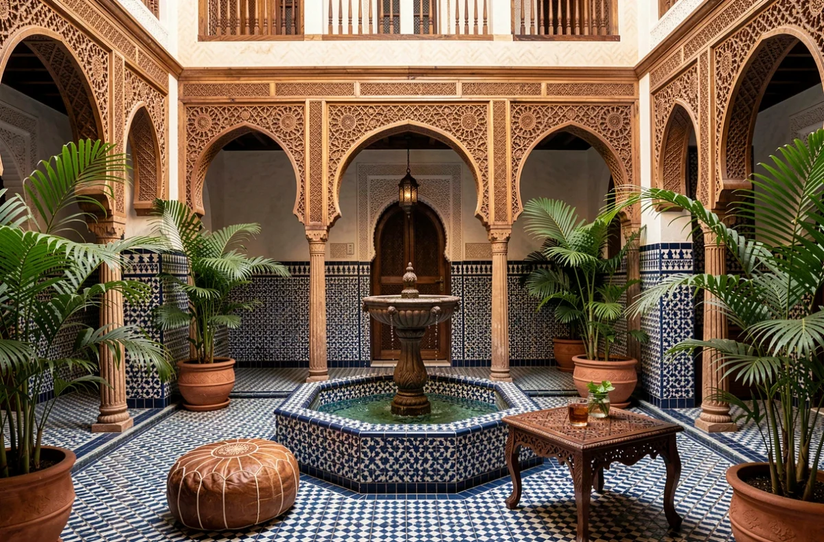 Patio intérieur d'un riad marocain avec fontaine en zellige, arches en bois sculpté et végétation tropicale