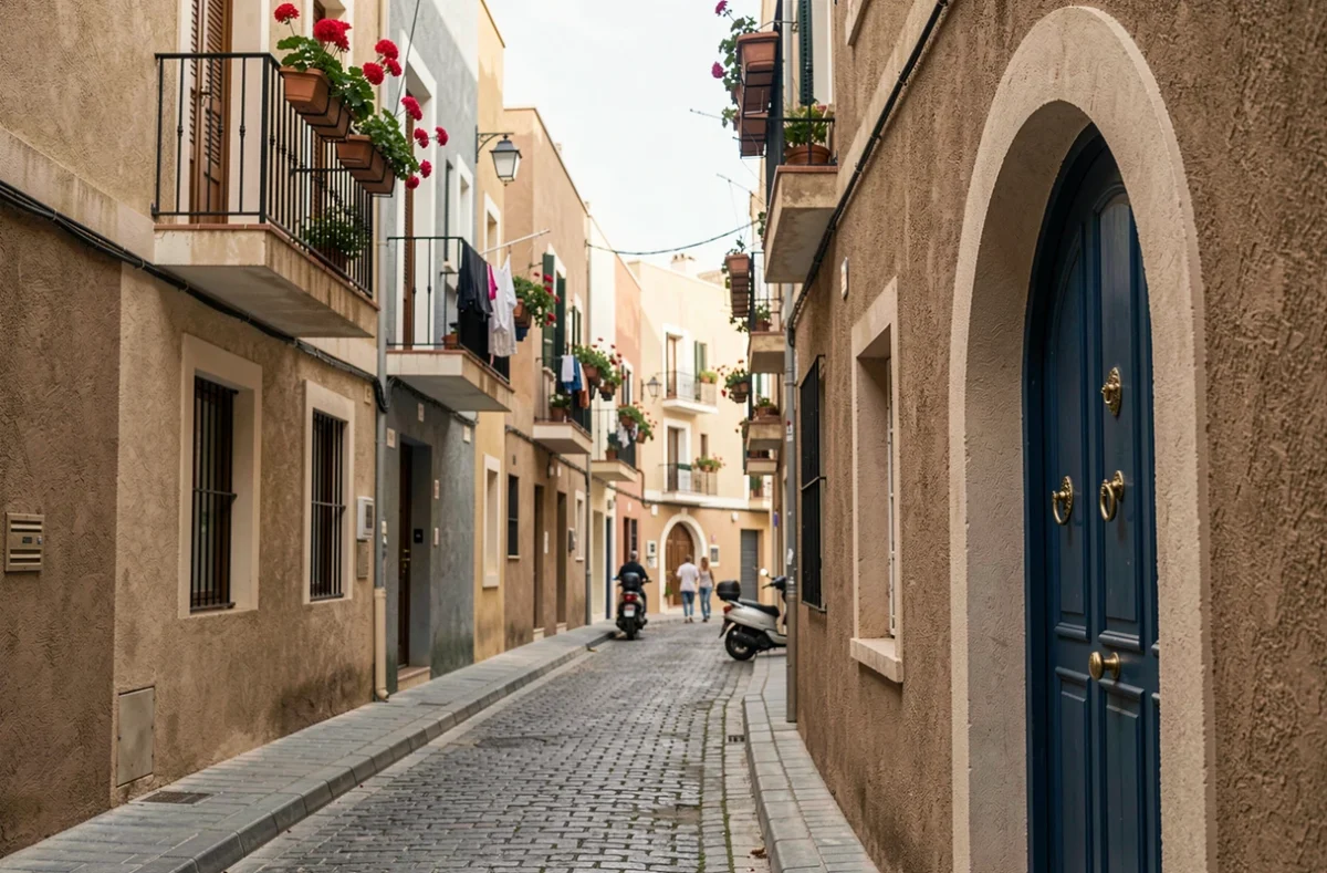 Rue résidentielle d'une ville marocaine moderne avec balcons en fer forgé et porte en bois bleu sculpté