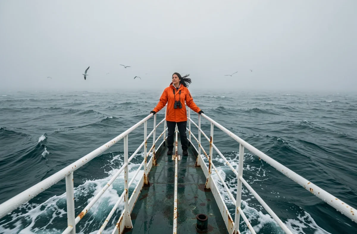 Scientifique sur la proue d'un navire de recherche scrutant l'horizon brumeux à la recherche d'îles inconnues