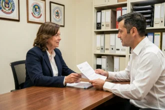 Femme consultant un agent consulaire dans un bureau officiel pour des démarches administratives à l'étranger