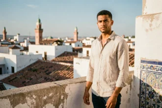 Jeune homme d'origine nord-africaine sur une terrasse au Maroc avec vue sur une médina traditionnelle
