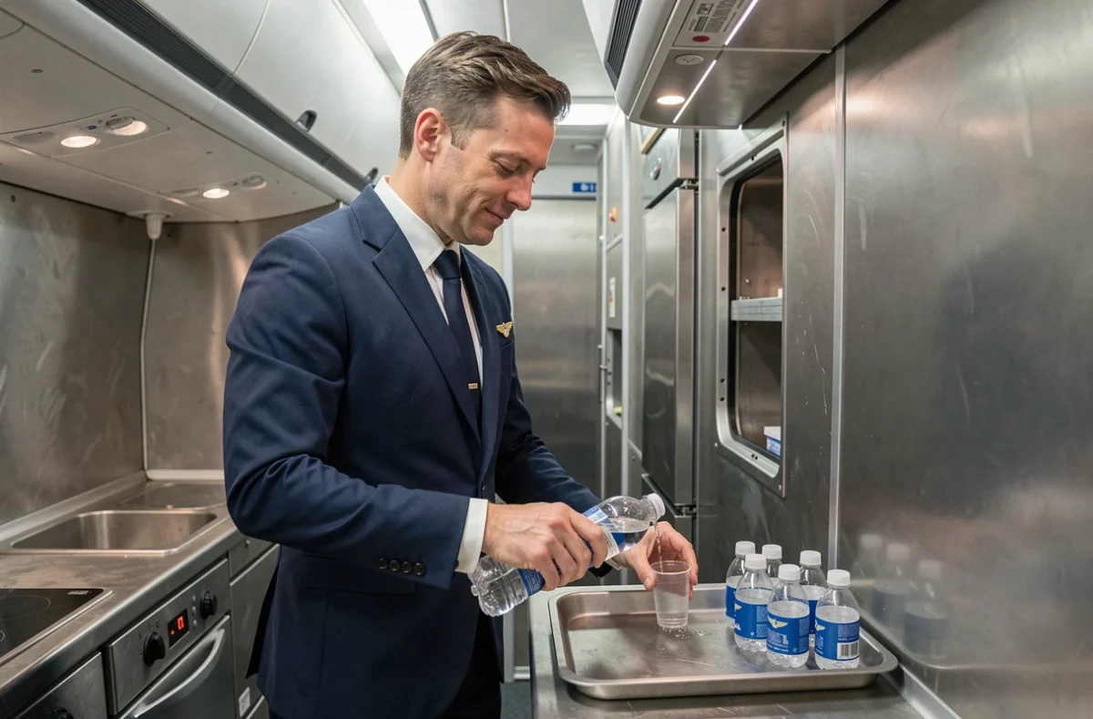 Steward versant une petite quantité d'eau dans un gobelet dans la cuisine d'un avion
