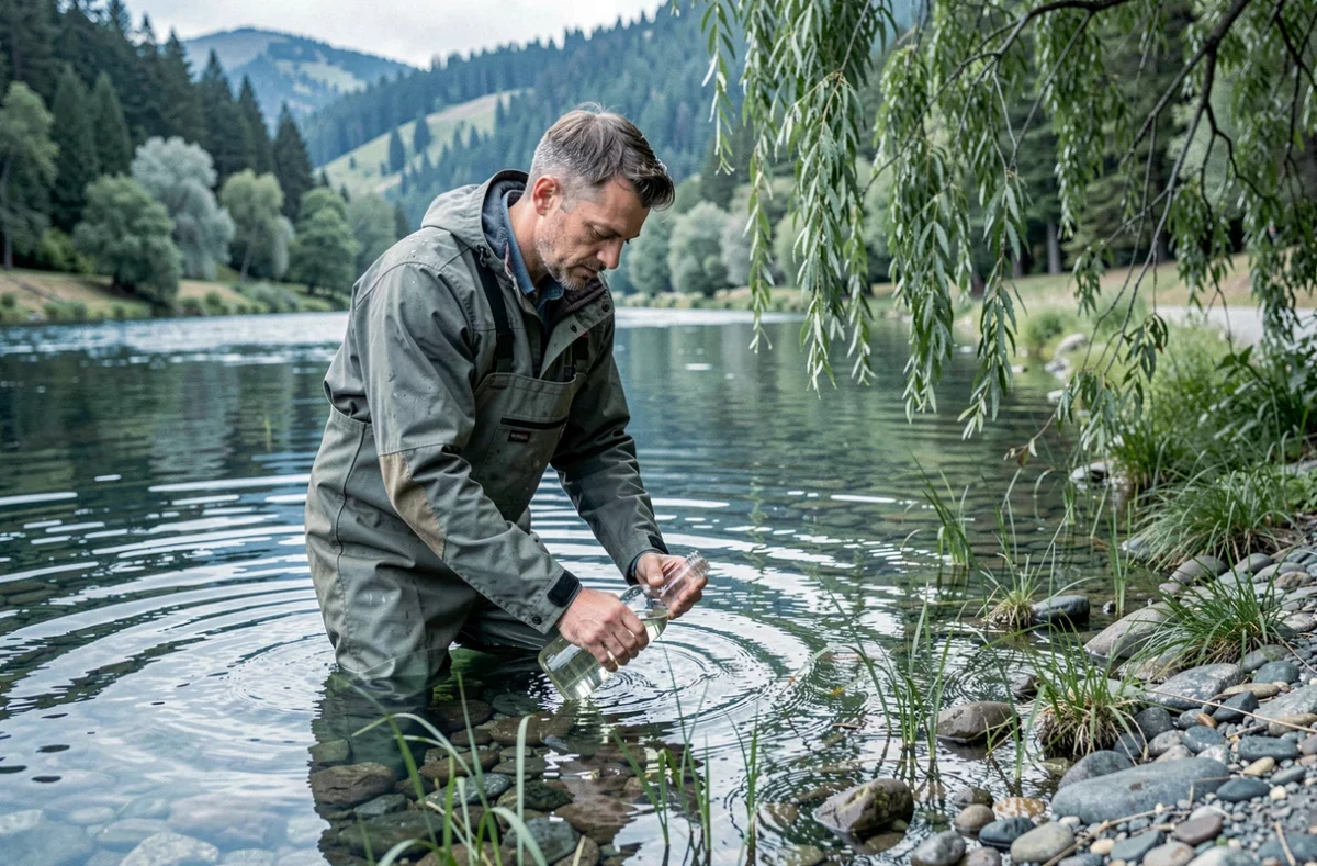 Scientifique prélevant un échantillon d'eau dans une rivière au sein d'un parc naturel régional pour une mission de suivi écologique