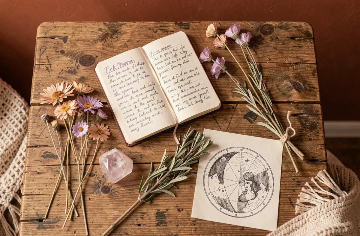 Composition à plat d'objets symboliques de la lune rose incluant cristaux, fleurs séchées et journal sur table en bois
