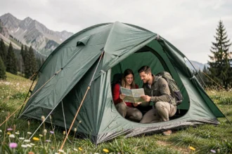 Tente dôme verte dressée dans une prairie alpine avec un couple de randonneurs consultant une carte à l'entrée