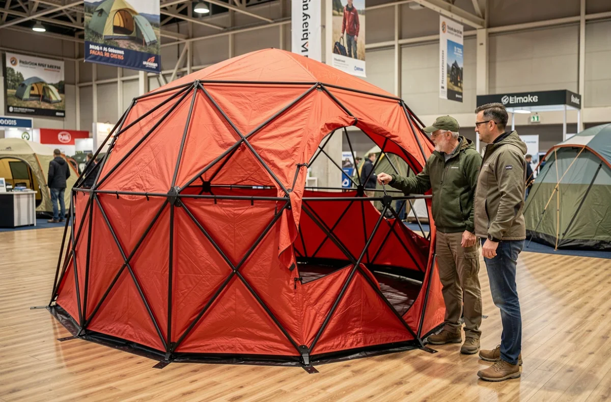 Tente géodésique rouge exposée dans un salon de plein air avec deux visiteurs examinant sa structure