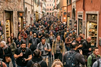 Foule de touristes envahissant une ruelle historique en Europe, illustrant le tourisme de masse en zone urbaine
