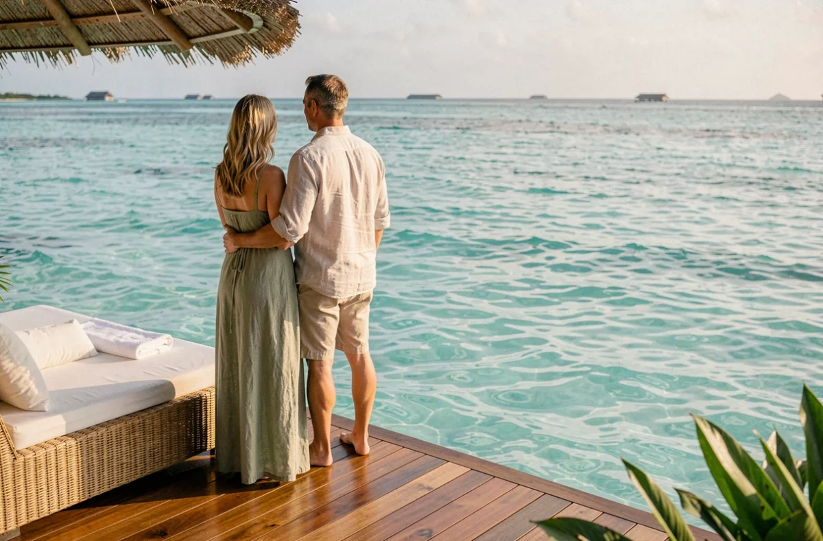 Couple en séjour de luxe sur la terrasse d'un bungalow sur pilotis aux Maldives, face au lagon turquoise