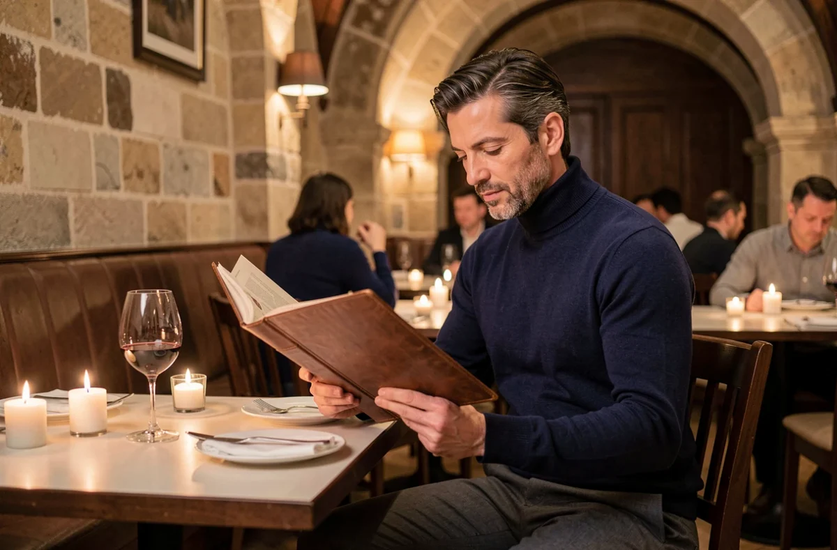 Homme élégant savourant un repas gastronomique dans un restaurant de luxe parisien, symbole de l'expérience culinaire haut de gamme