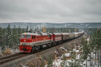 Train du Transsibérien traversant la taïga sibérienne en automne avec des forêts de pins enneigées