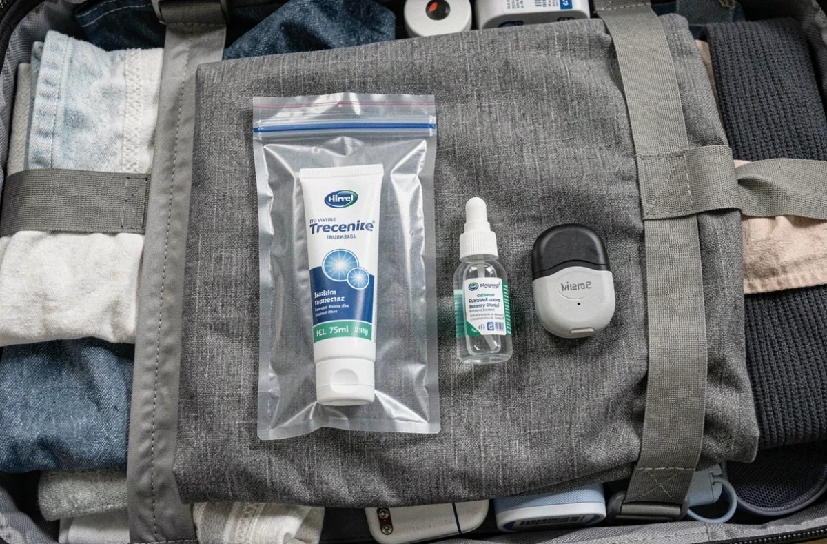 Trousse de liquides transparente avec dentifrice et toiletries dans un bagage cabine prêt pour l'avion
