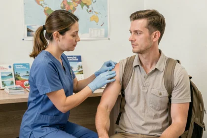 Infirmière administrant un vaccin de voyage à un patient dans une clinique médicale spécialisée