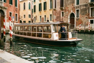 Vaporetto naviguant sur le Grand Canal de Venise avec les palais historiques en arrière-plan