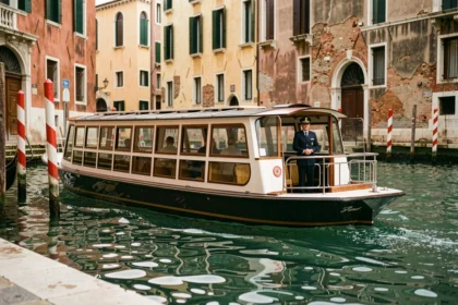 Vaporetto naviguant sur le Grand Canal de Venise avec les palais historiques en arrière-plan